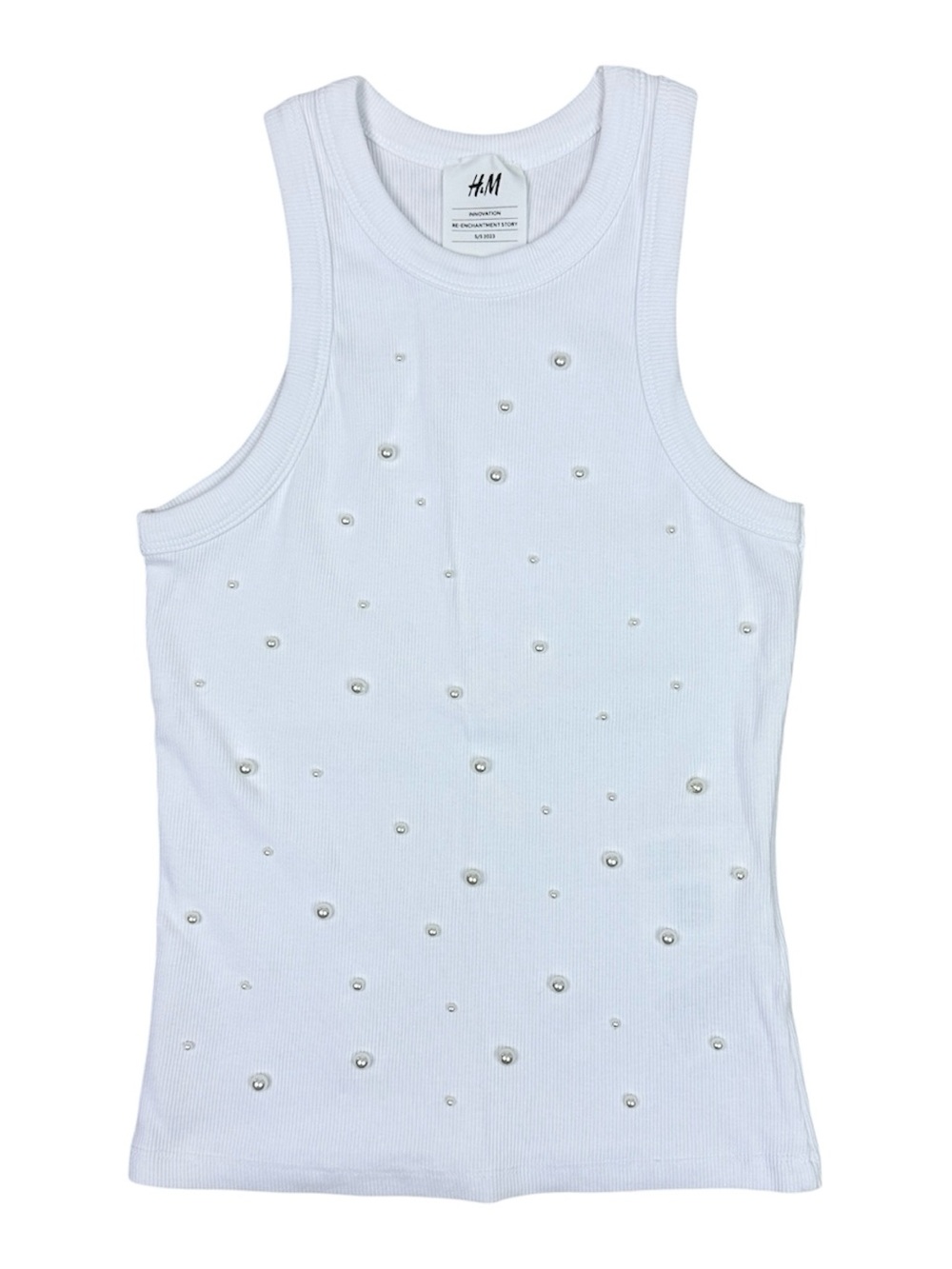 H&M White Ribbed Tank Top Pearl Embellishment